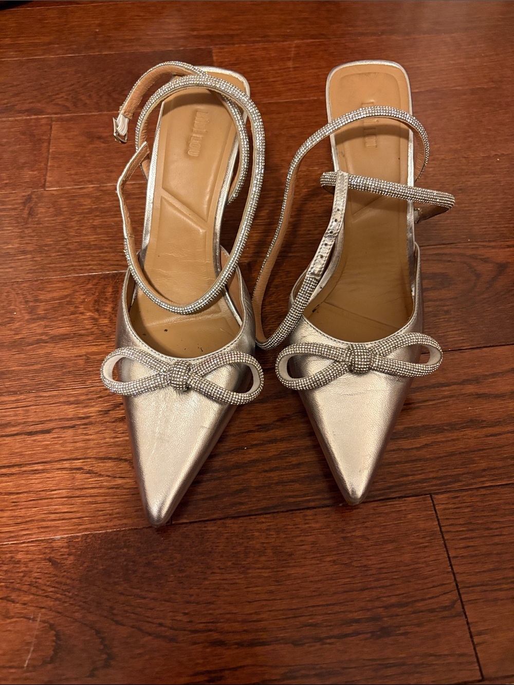 Pointed-Toe Silver Bow Slingback Heels with Ankle Wrap